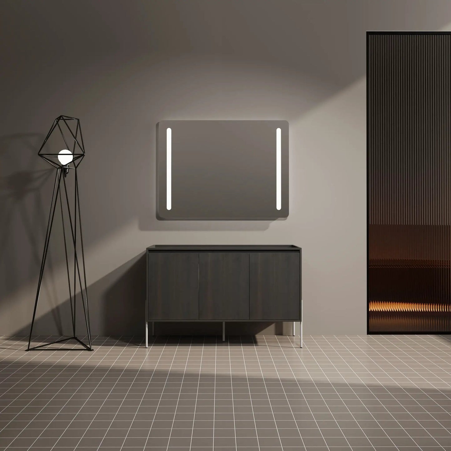 Dark wood vanity with soft-close doors; Unique Piece Furniture LED wall mirror accents on Tampa Home & Garden Store