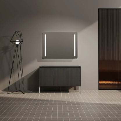 Dark wood vanity with soft-close doors; Unique Piece Furniture LED wall mirror accents on Tampa Home & Garden Store