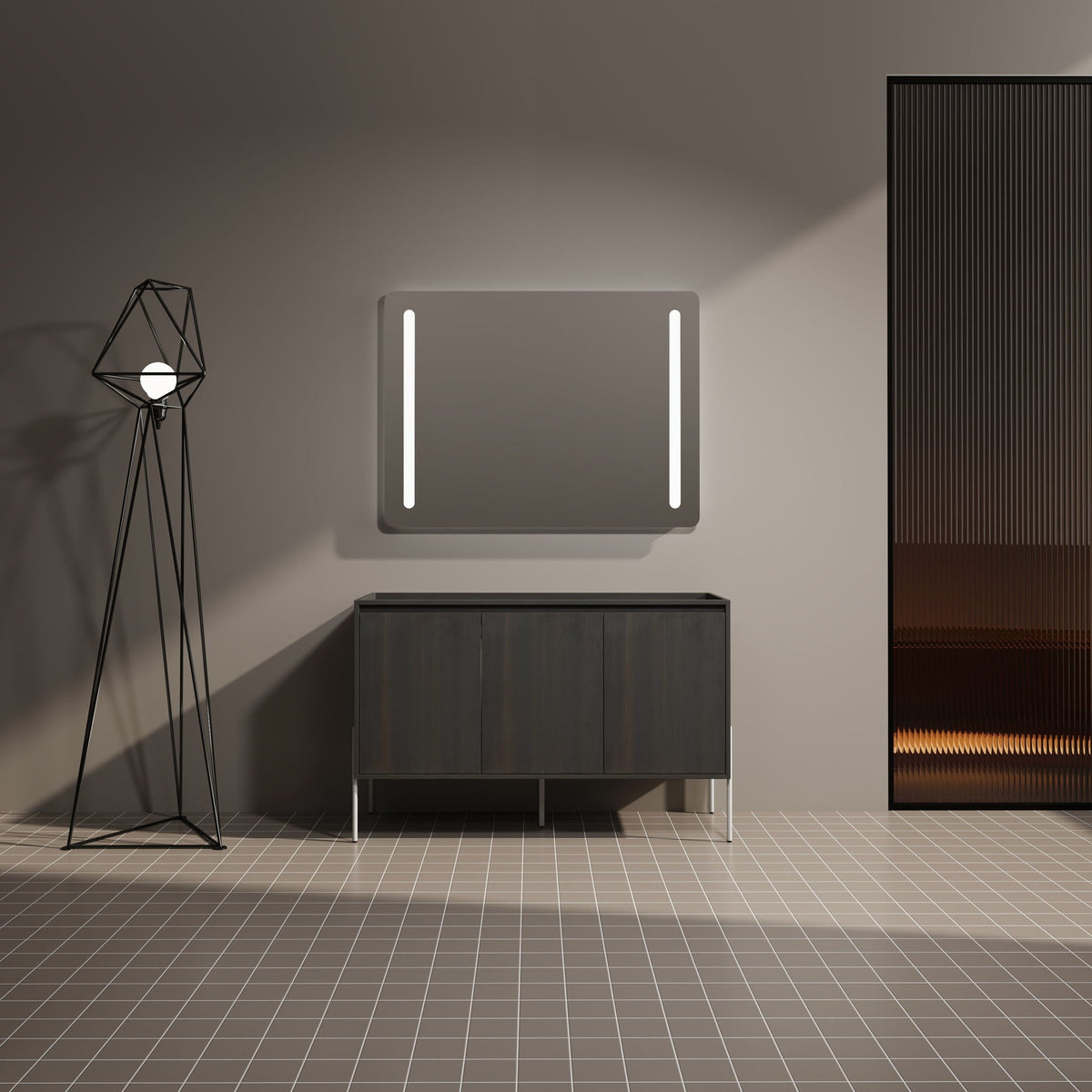 Dark brown freestanding vanity with soft-close doors and two panels beneath backlit mirror on Tampa Home & Garden Store