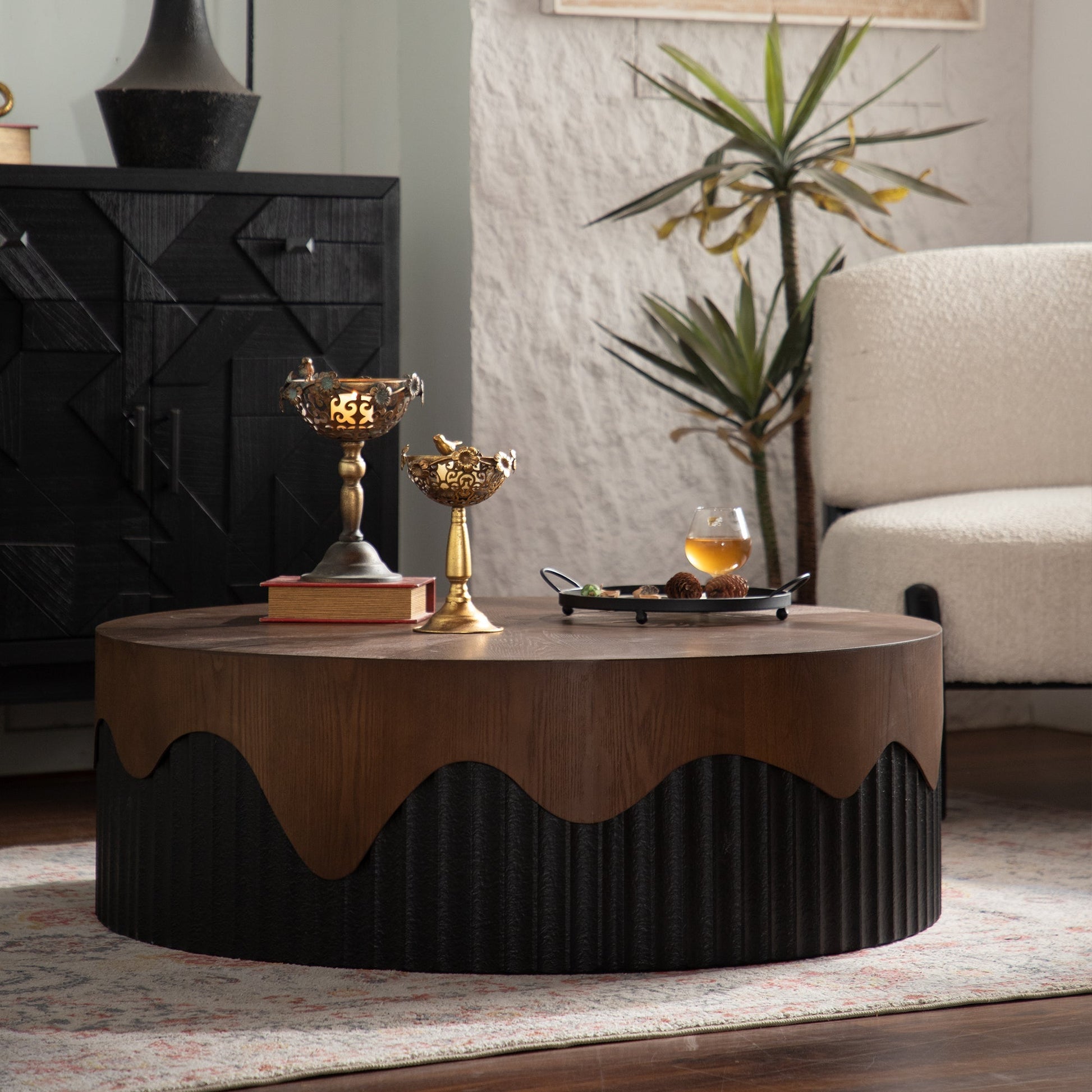 38.97' Round Coffee Table HouseOfZazla, dark wood top, black ribbed base on Tampa Home & Garden Store