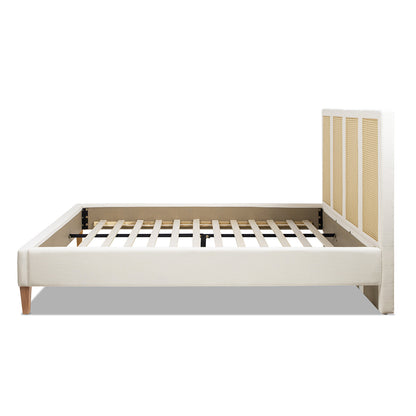 Toscana King Upholstered Cane Back Platform Bed, Antique ivory fabric, HouseOfZazla on Tampa Home & Garden Store