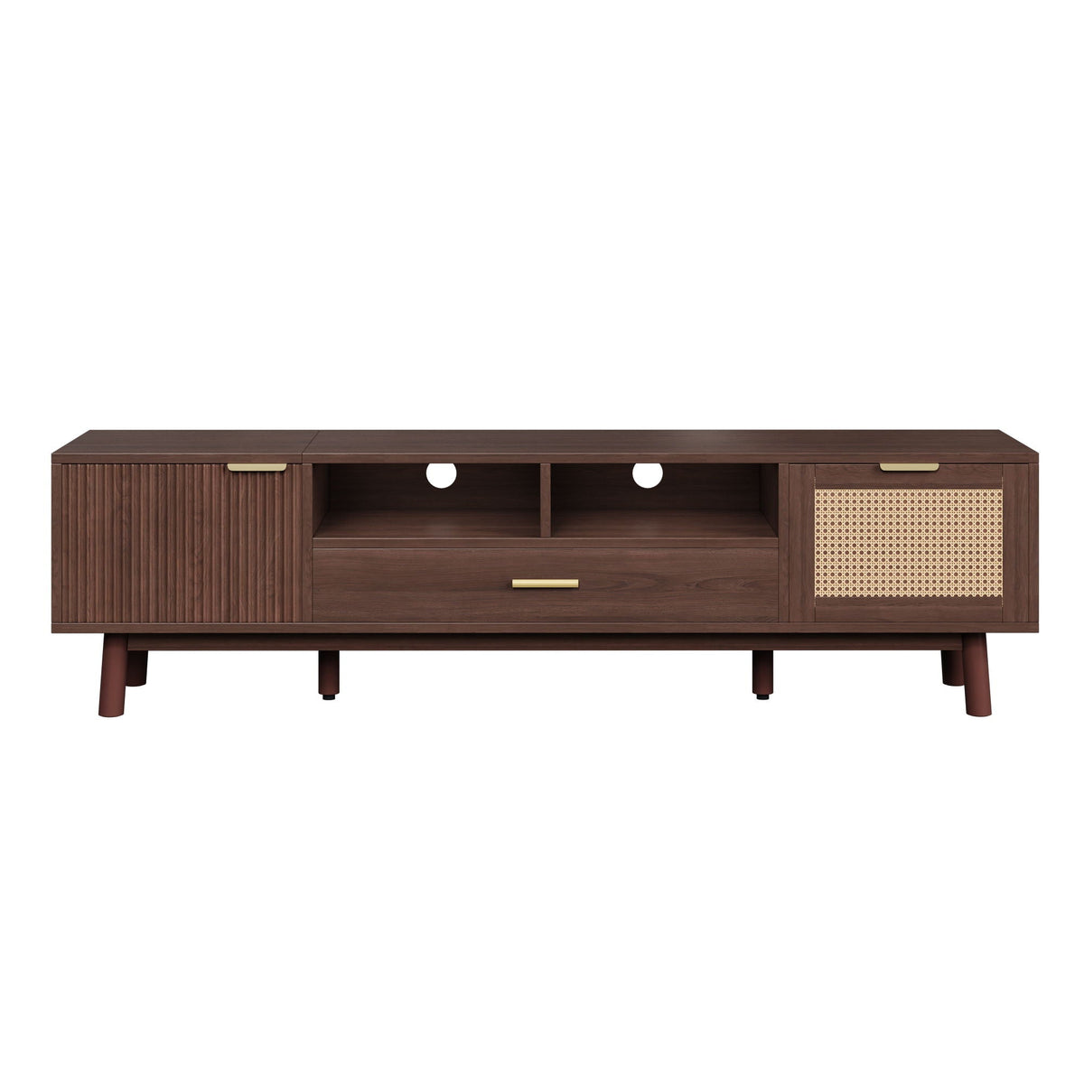 TV stand for 75-inch TVs in dark brown wood with open cubbies and a woven cane panel on the right on Tampa Home & Garden Store