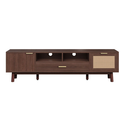 TV stand for 75-inch TVs in dark brown wood with open cubbies and a woven cane panel on the right on Tampa Home & Garden Store