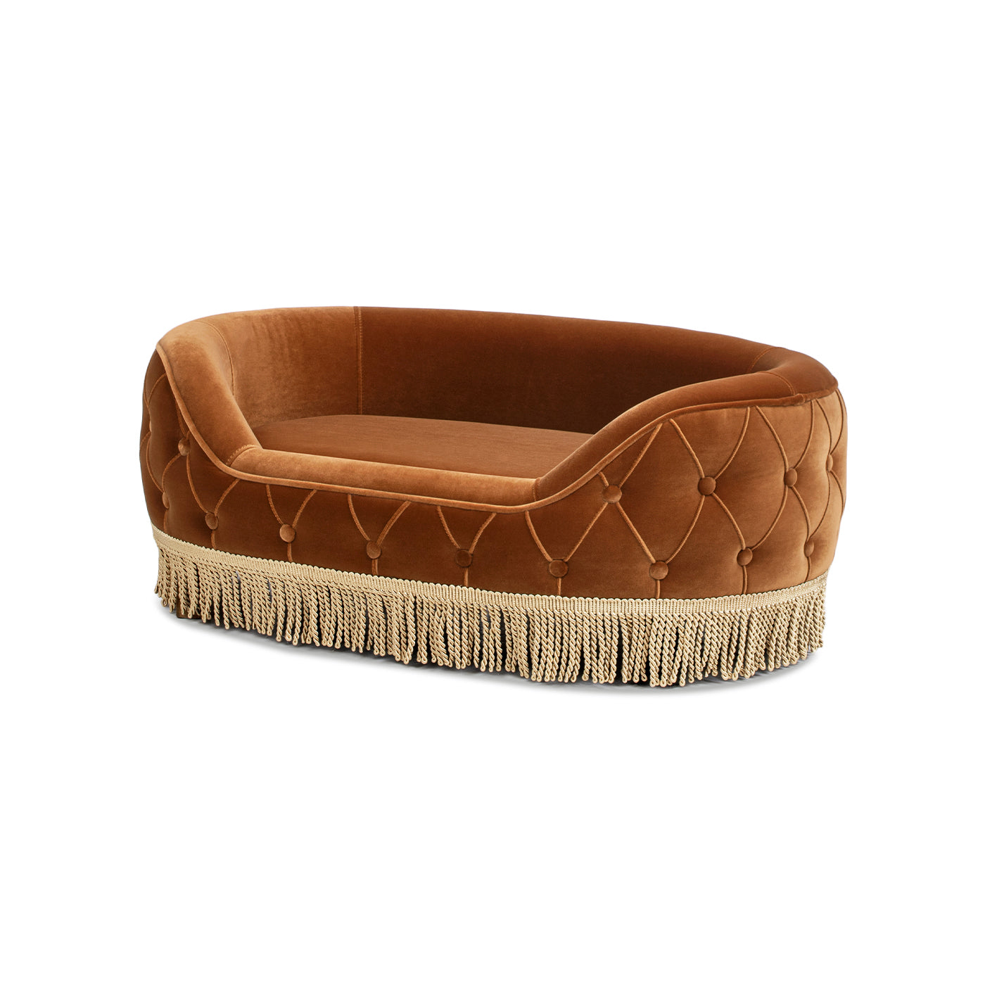 Monroe 33in Dog Sofa Bed in burnt velvet with tufted sides and beige fringe trim, medium on Tampa Home & Garden Store