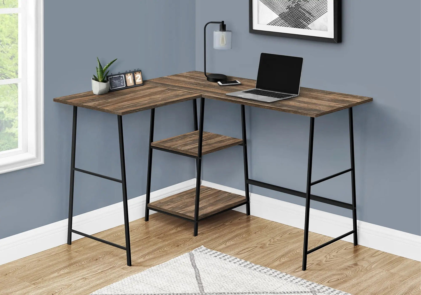 L-shaped corner desk in brown wood grain with black metal legs and storage shelf laptop on Tampa Home & Garden Store