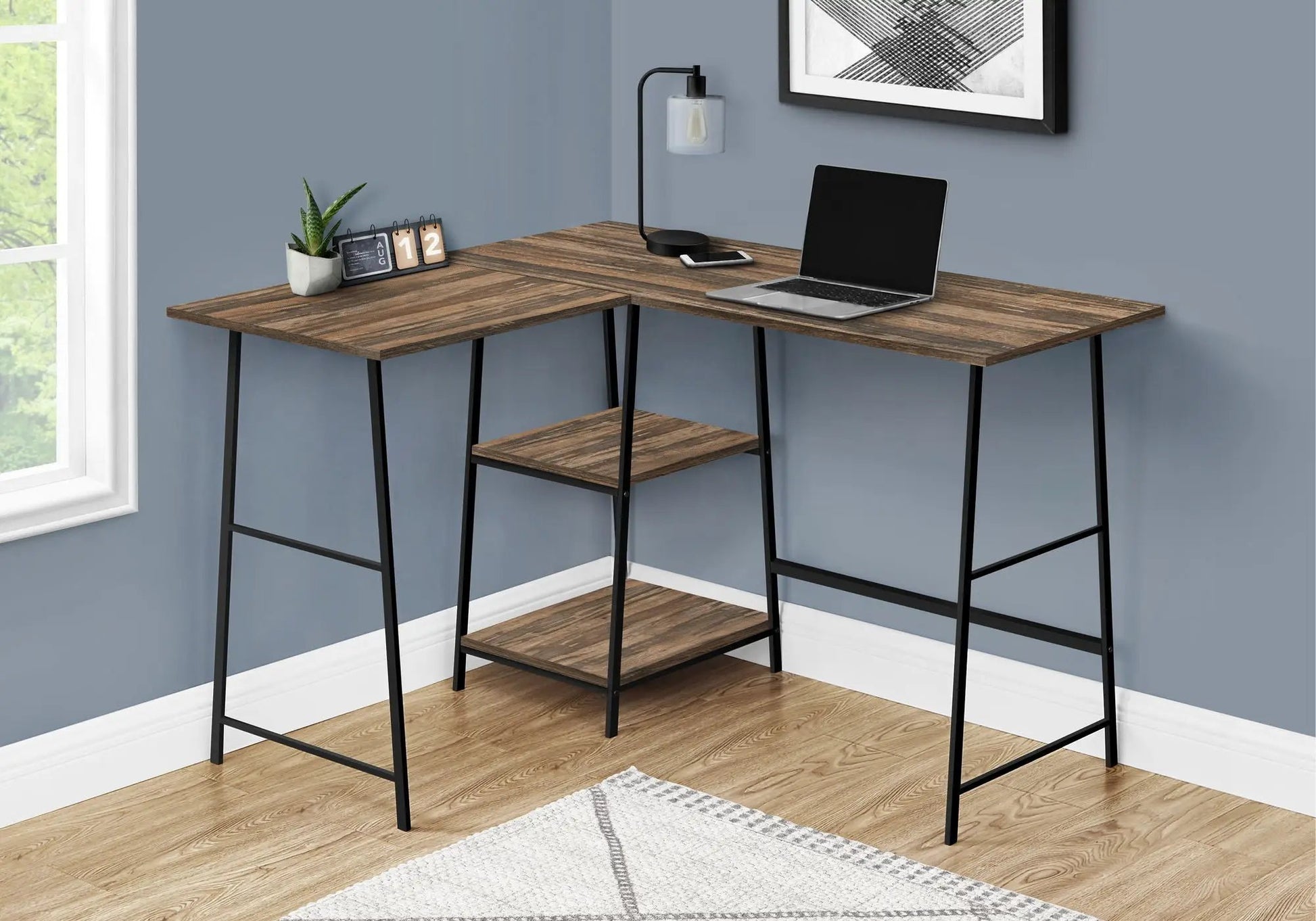 L-shaped corner desk in brown wood grain with black metal legs and storage shelf laptop on Tampa Home & Garden Store