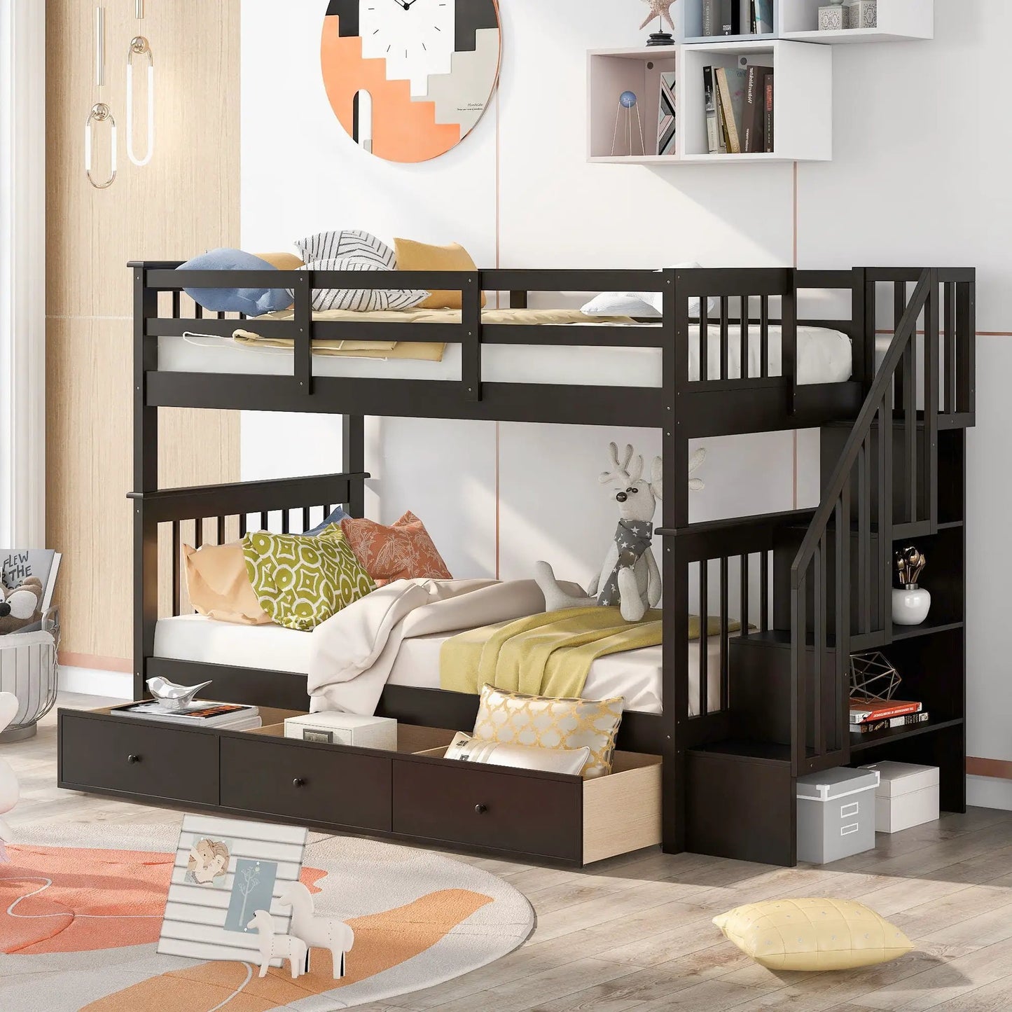 Stairway Bunk Bed with Storage and Guard Rail
