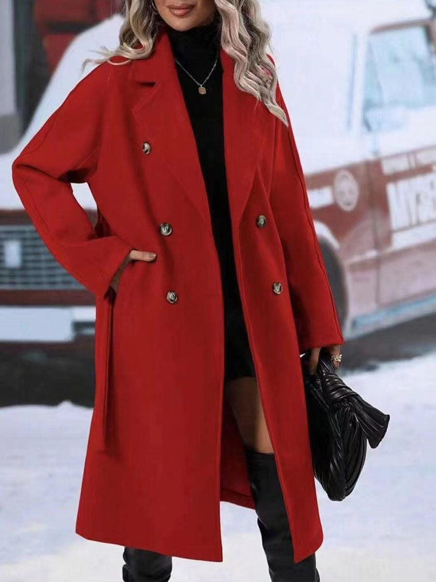 Red double-breasted trench coat with notched lapel and belt, wool-blend outerwear Stevvex on Tampa Home & Garden Store