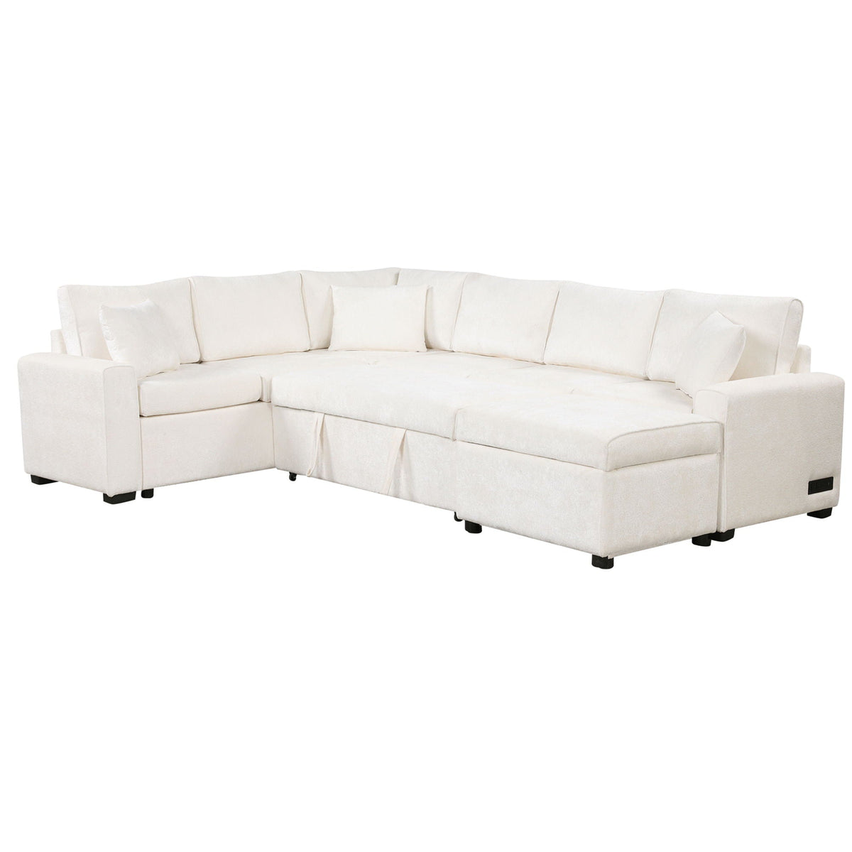 HouseOfZazla sleeper sectional sofa in white with storage ottoman and three pillows on Tampa Home & Garden Store