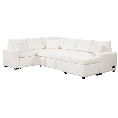 HouseOfZazla sleeper sectional sofa in white with storage ottoman and three pillows on Tampa Home & Garden Store