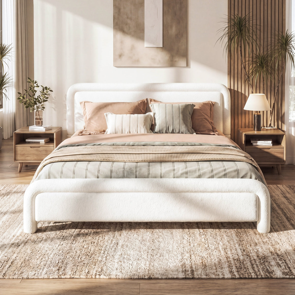 Queen Size Upholstered Platform Bed Frame HouseOfZazla, white fabric with rounded edges on Tampa Home & Garden Store