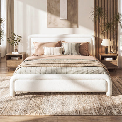 Queen Size Upholstered Platform Bed Frame HouseOfZazla, white fabric with rounded edges on Tampa Home & Garden Store