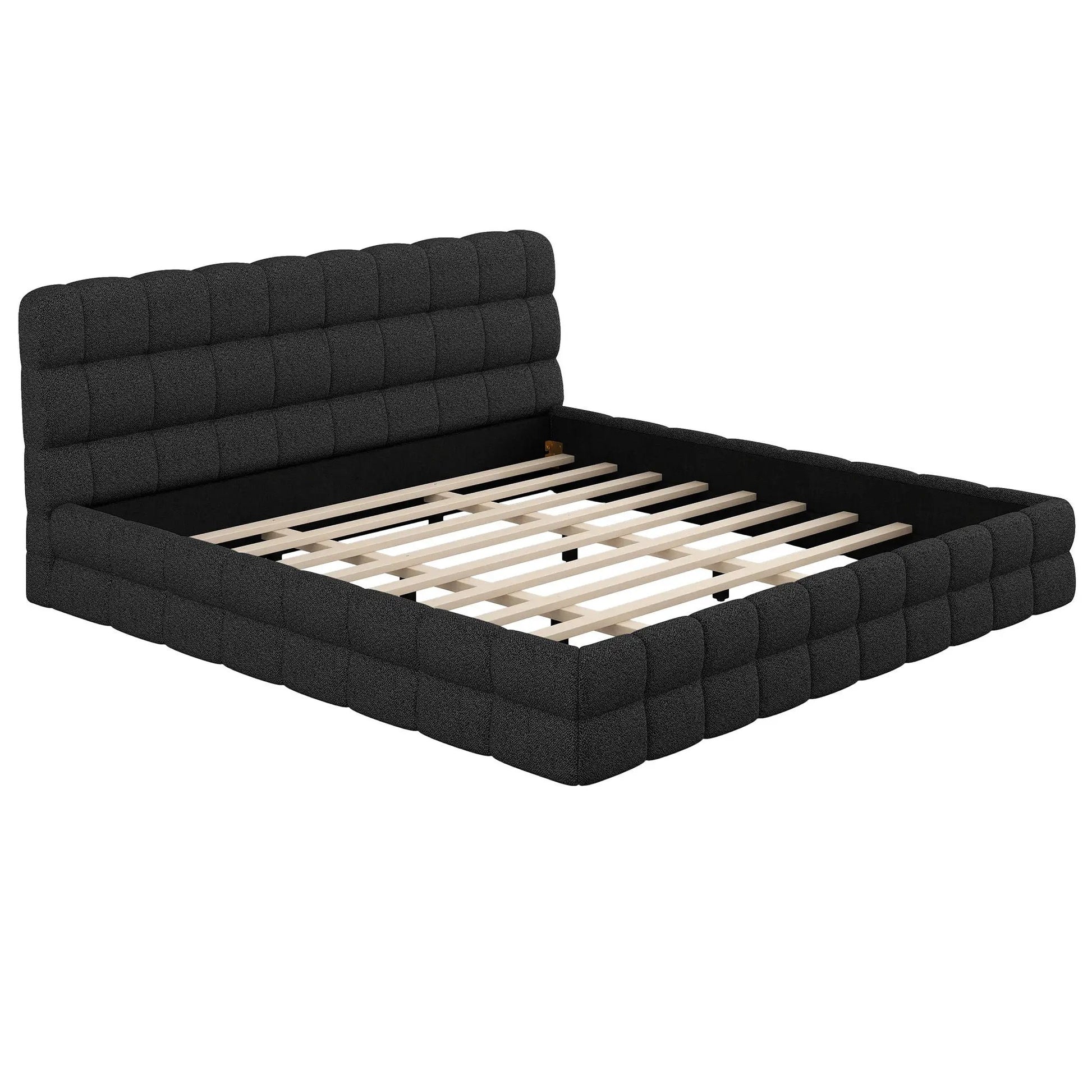 Upholstered platform bed with tall tufted headboard in dark gray fabric, wood slat base on Tampa Home & Garden Store