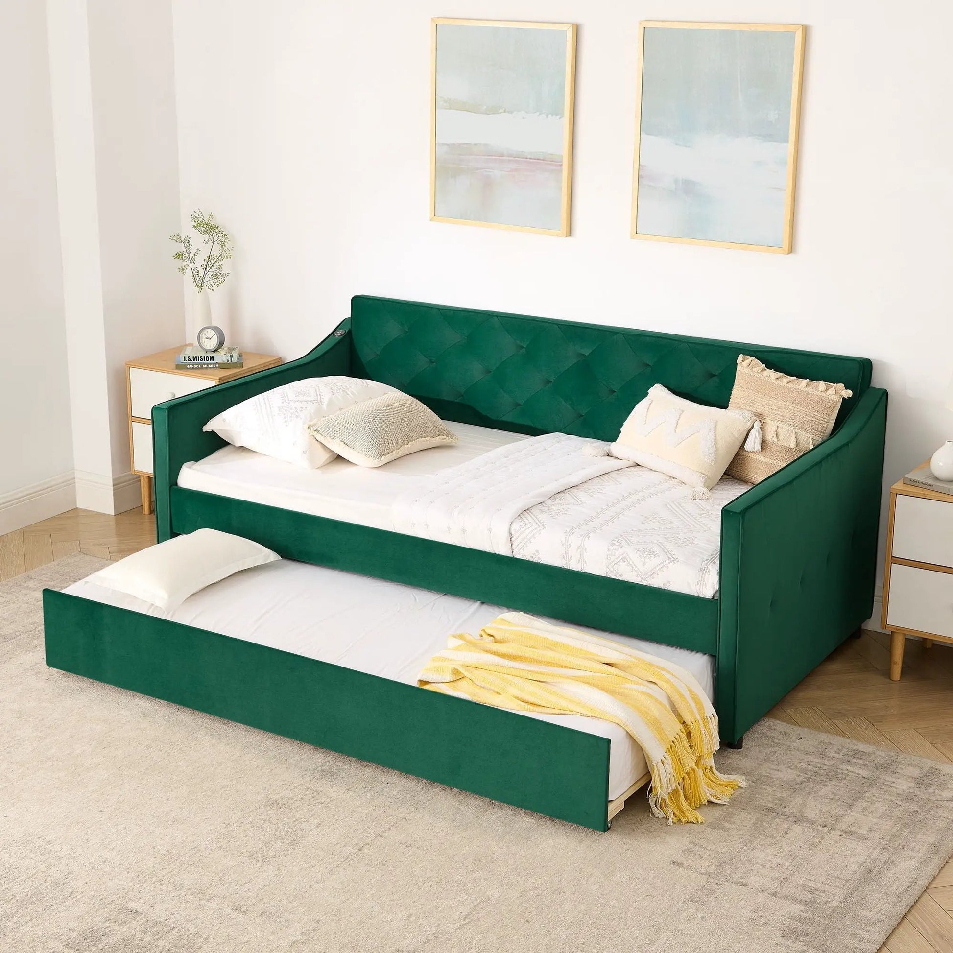 Daybed with pop-up trundle and USB charging armrest in emerald green velvet, tufted twin beds on Tampa Home & Garden Store