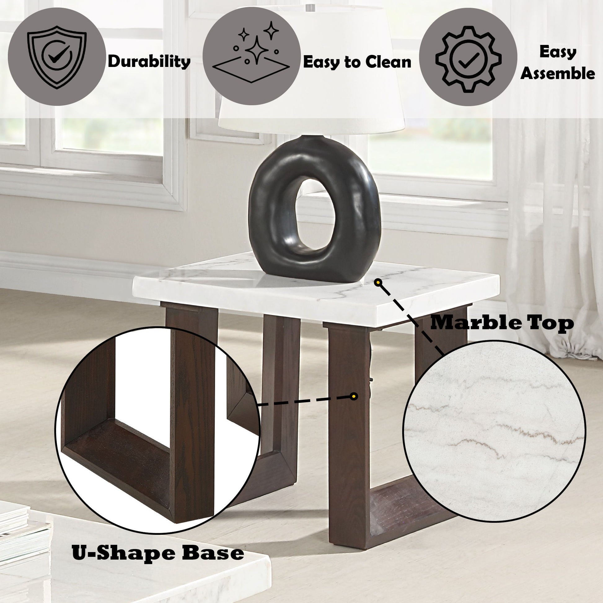 Edwyn natural marble top end table with a U-shaped dark wood base by HouseOfZazla on Tampa Home & Garden Store