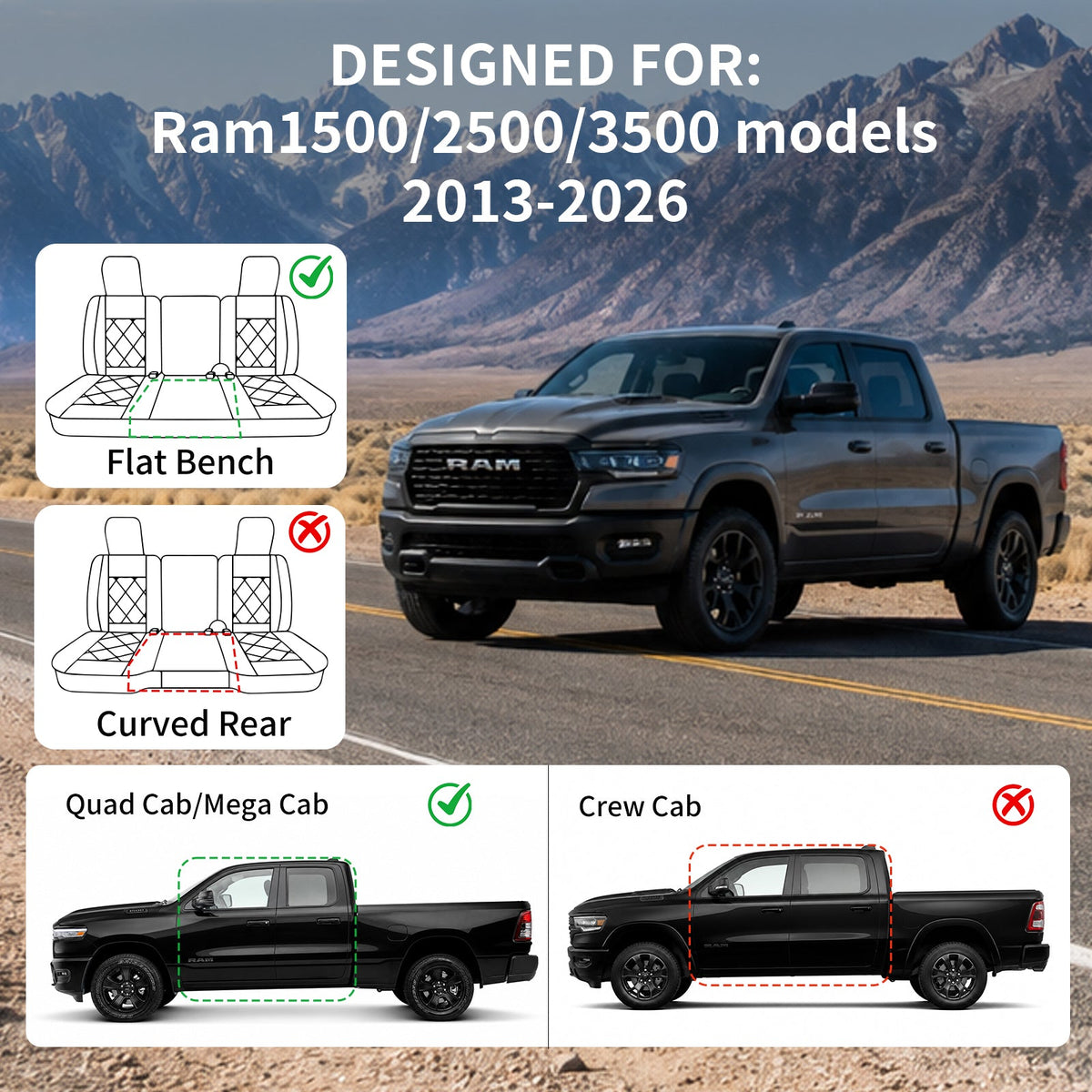 Umbrauto RAM seat covers, Nappa leather, black, full set for RAM 1500/2500/3500 Quad/Mega Cab on Tampa Home & Garden Store