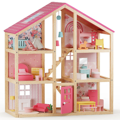 Dollhouse Tiny Land INC natural wood frame with pink interior rooms and accessories on Tampa Home & Garden Store