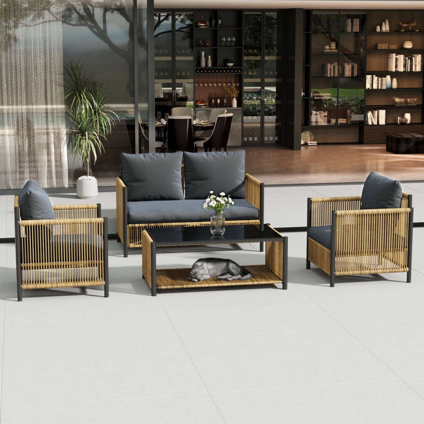 Patio 4-piece brown PE wicker sofa set with grey cushions by HouseOfZazla armchairs and a sofa on Tampa Home & Garden Store