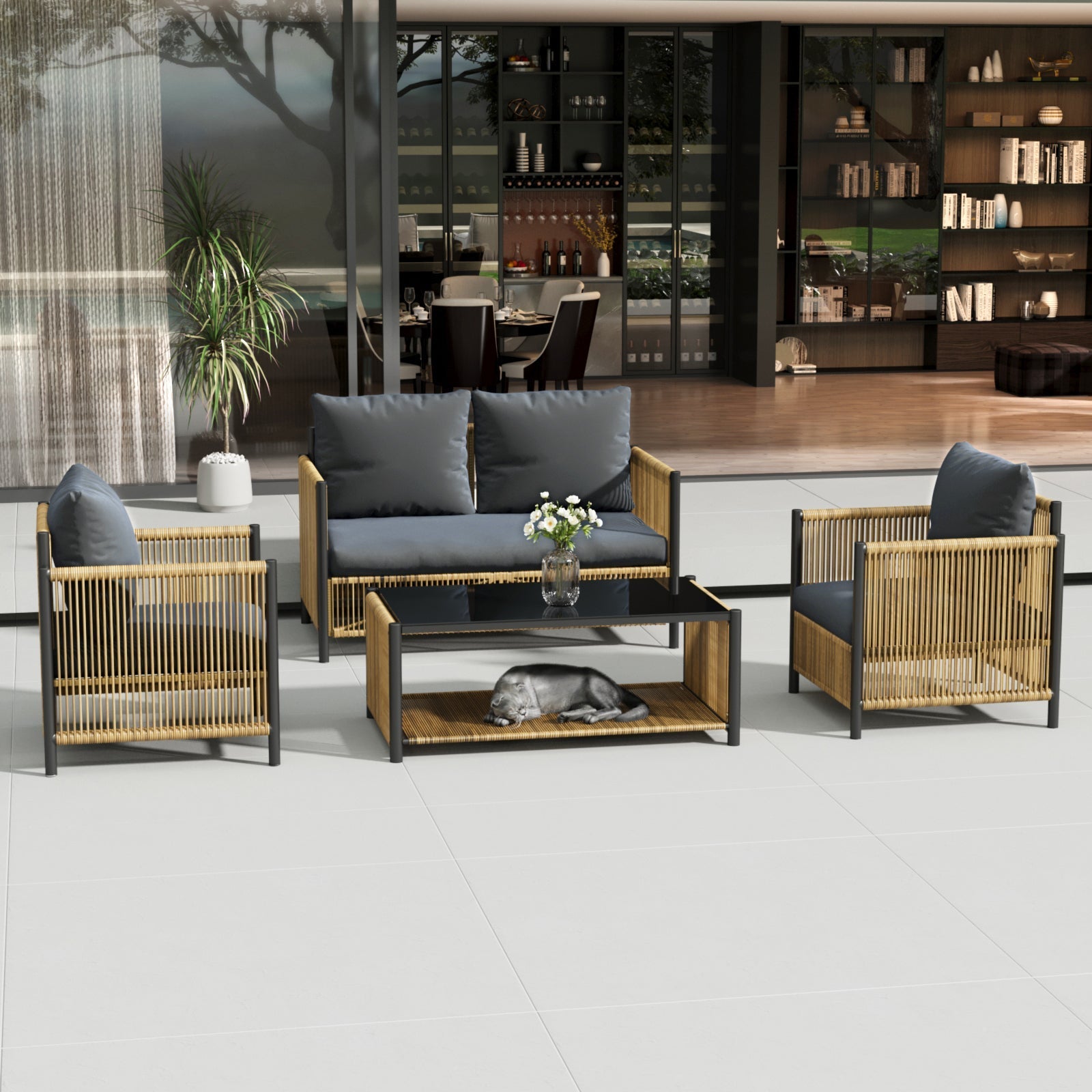 Patio 4-piece brown PE wicker sofa set with grey cushions by HouseOfZazla armchairs and a sofa on Tampa Home & Garden Store
