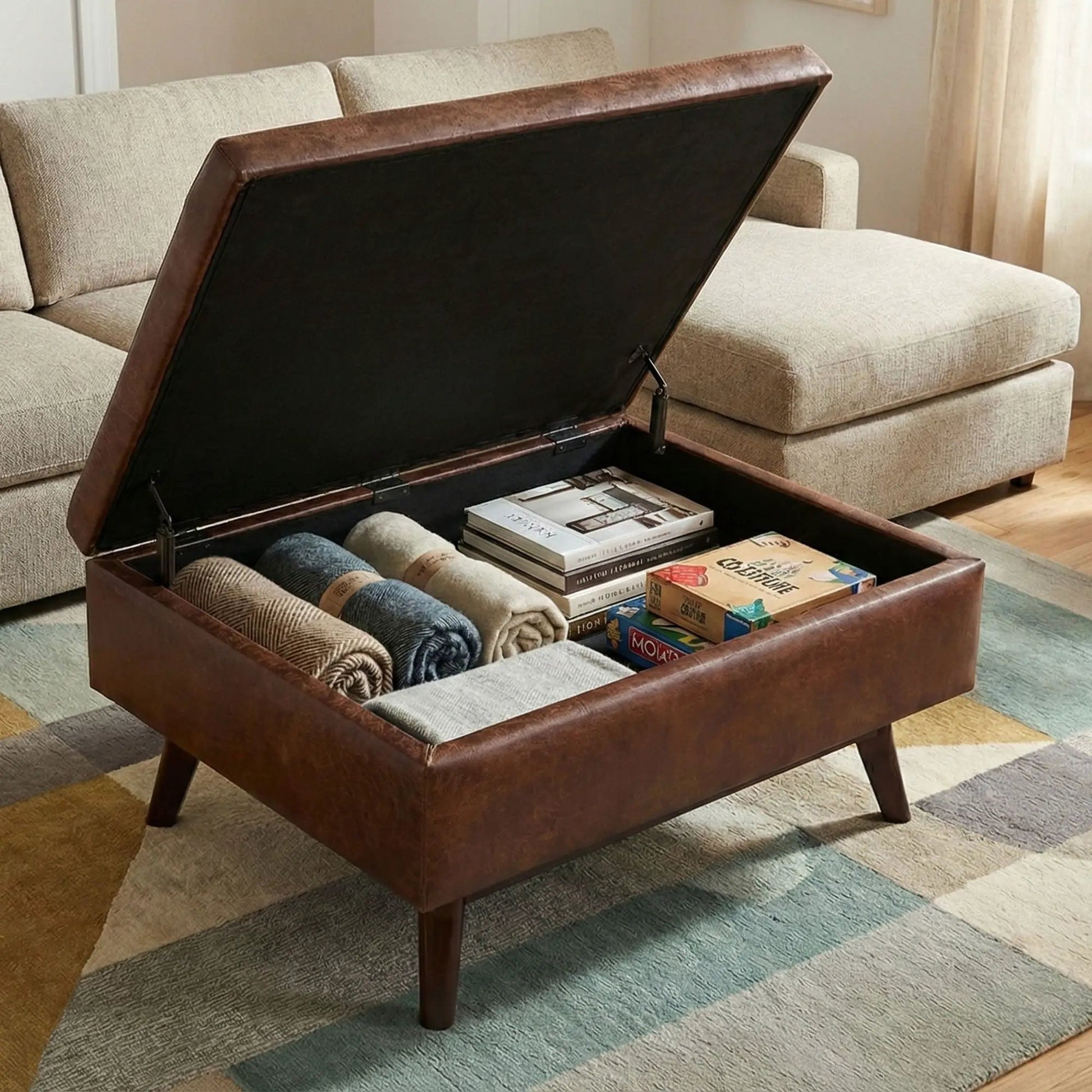 Owen rectangular storage ottoman in brown leather lift-top by Unique Piece Furniture on Tampa Home & Garden Store