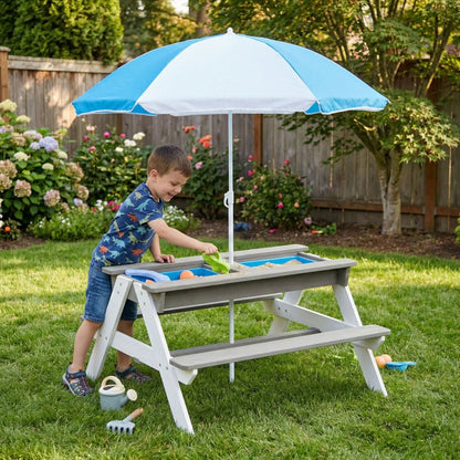 3-in-1 kids outdoor wooden picnic table with blue umbrella; sand and water play tray on Tampa Home & Garden Store