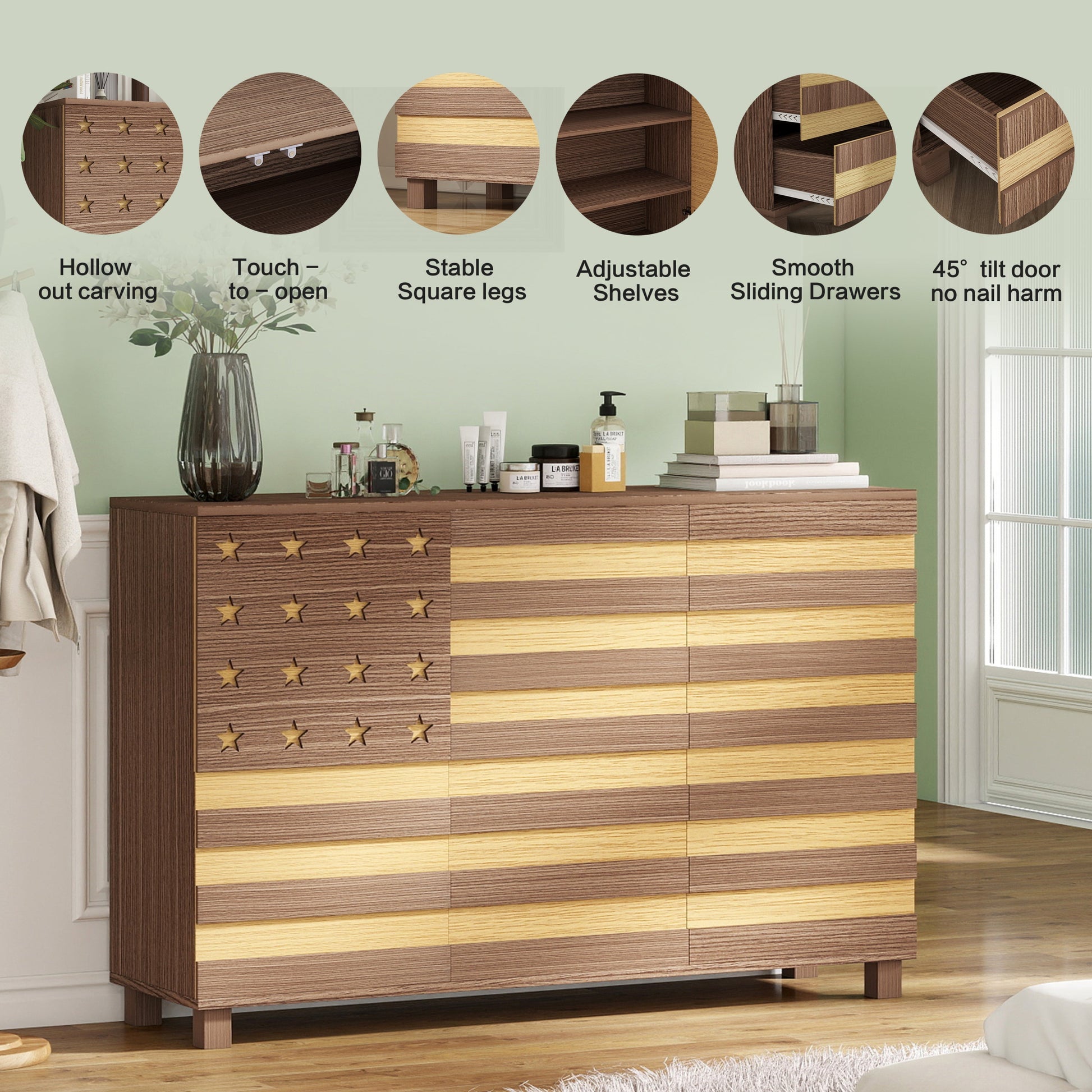 55-Inch Hand-Carved Buffet Sideboard Cabinet by HouseOfZazla in two-tone wood with star brass pulls on Tampa Home & Garden Store