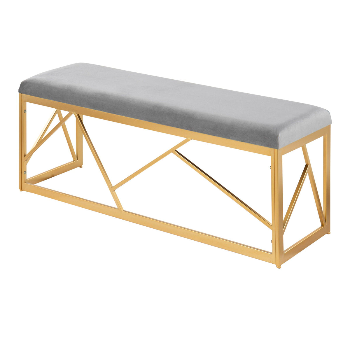 Glam Upholstered Bench by HouseOfZazla with geometric gold frame and gray velvet upholstery on Tampa Home & Garden Store