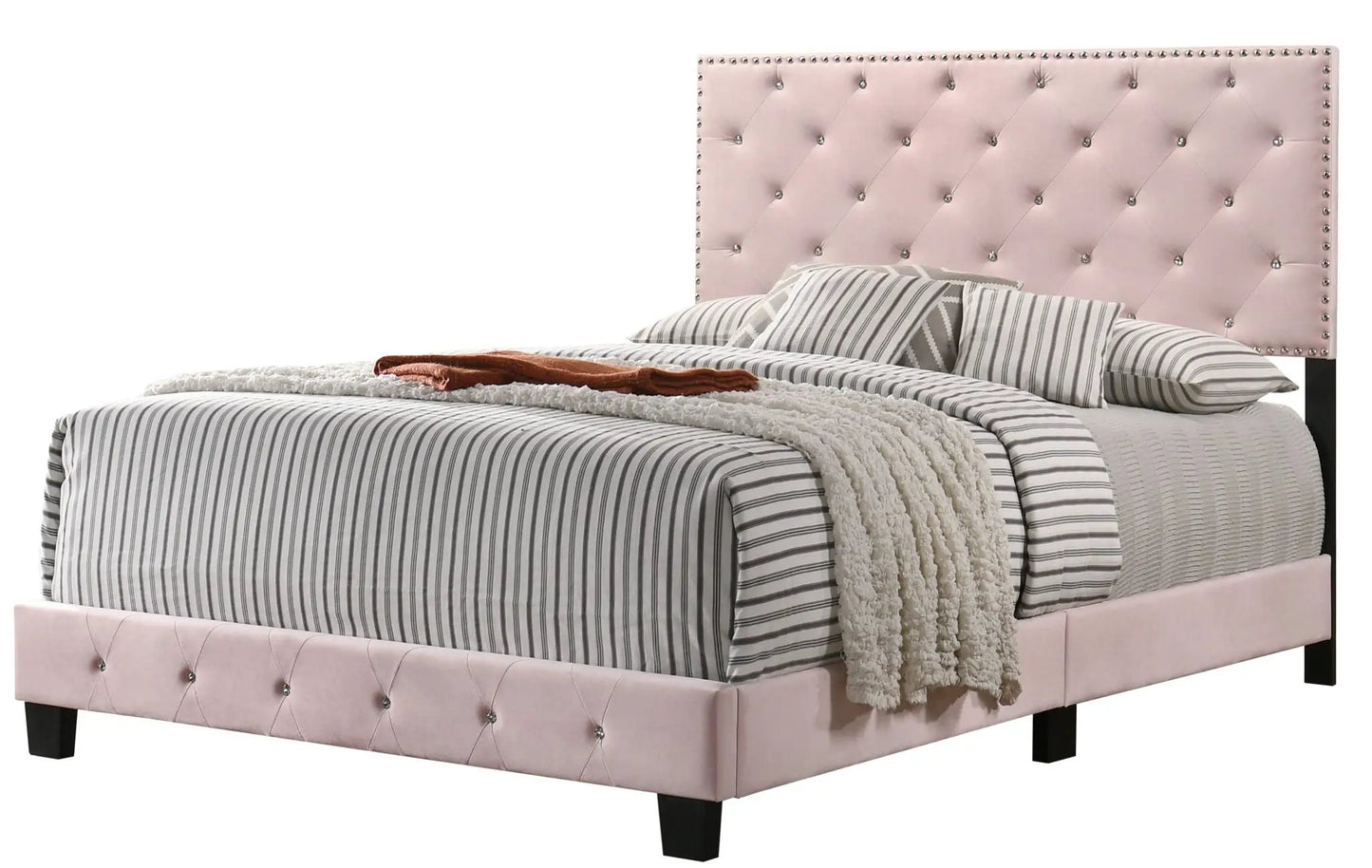 Luxurious Upholstered Bed by Unique Piece Furniture in pale pink velvet with tufted headboard on Tampa Home & Garden Store