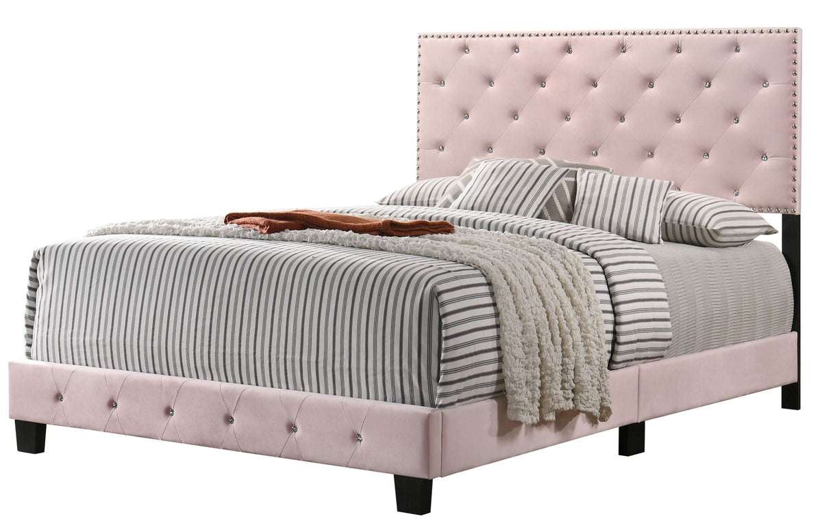 Luxurious Upholstered Bed pink tufted headboard with studded border striped bedding on Tampa Home & Garden Store