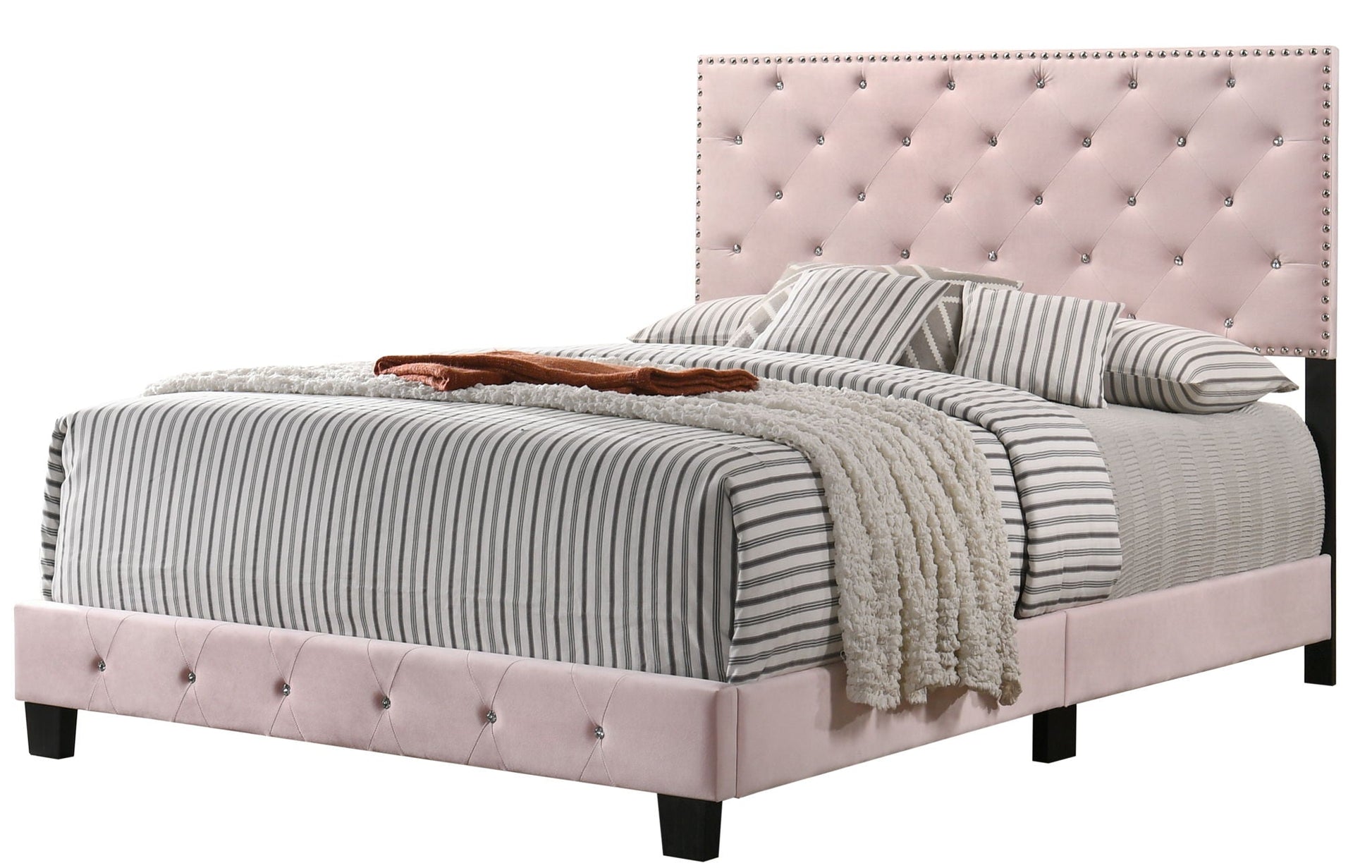 Luxurious Upholstered Bed pink tufted headboard with studded border striped bedding on Tampa Home & Garden Store