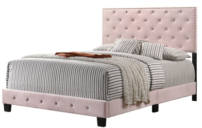Luxurious Upholstered Bed pink tufted headboard with studded border striped bedding on Tampa Home & Garden Store