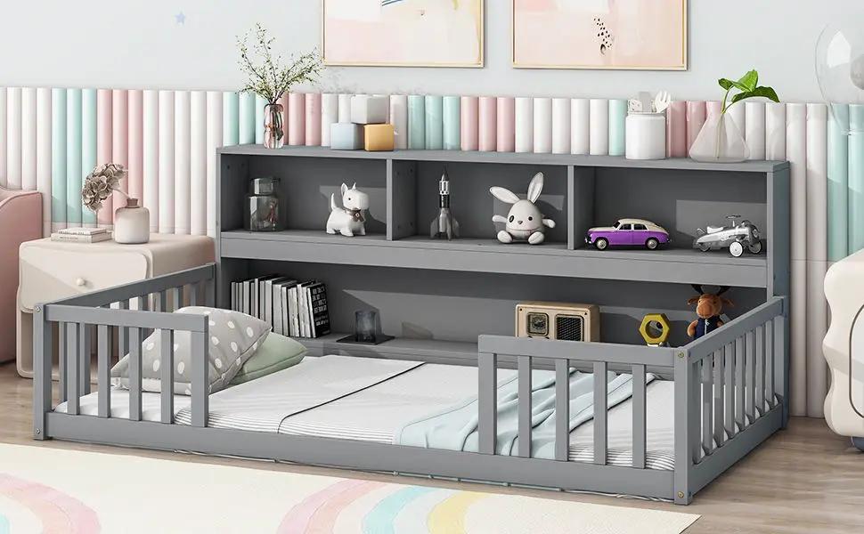 Floor Bed with Bedside Bookcase and Guardrails