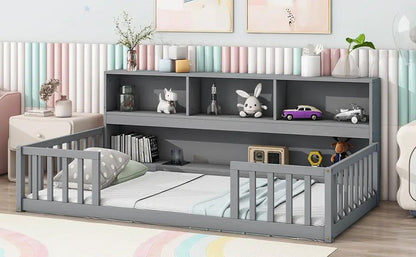 Floor Bed with Bedside Bookcase and Guardrails