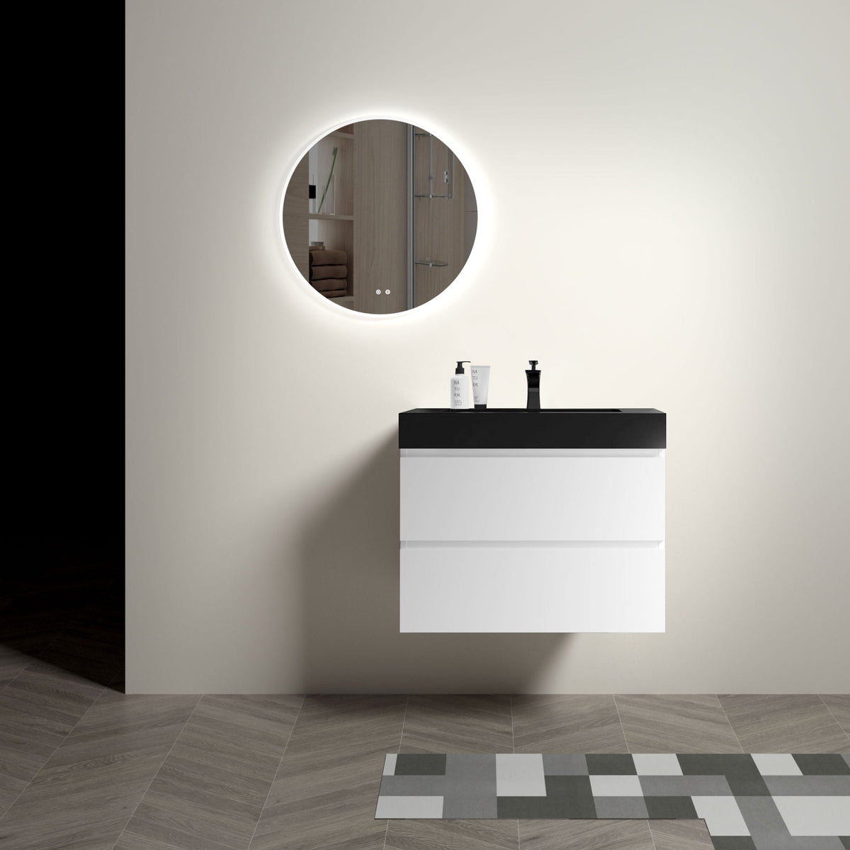 Modern floating bathroom vanity with large storage in white body and black top, round backlit mirror HouseOfZazla on Tampa Home & Garden Store