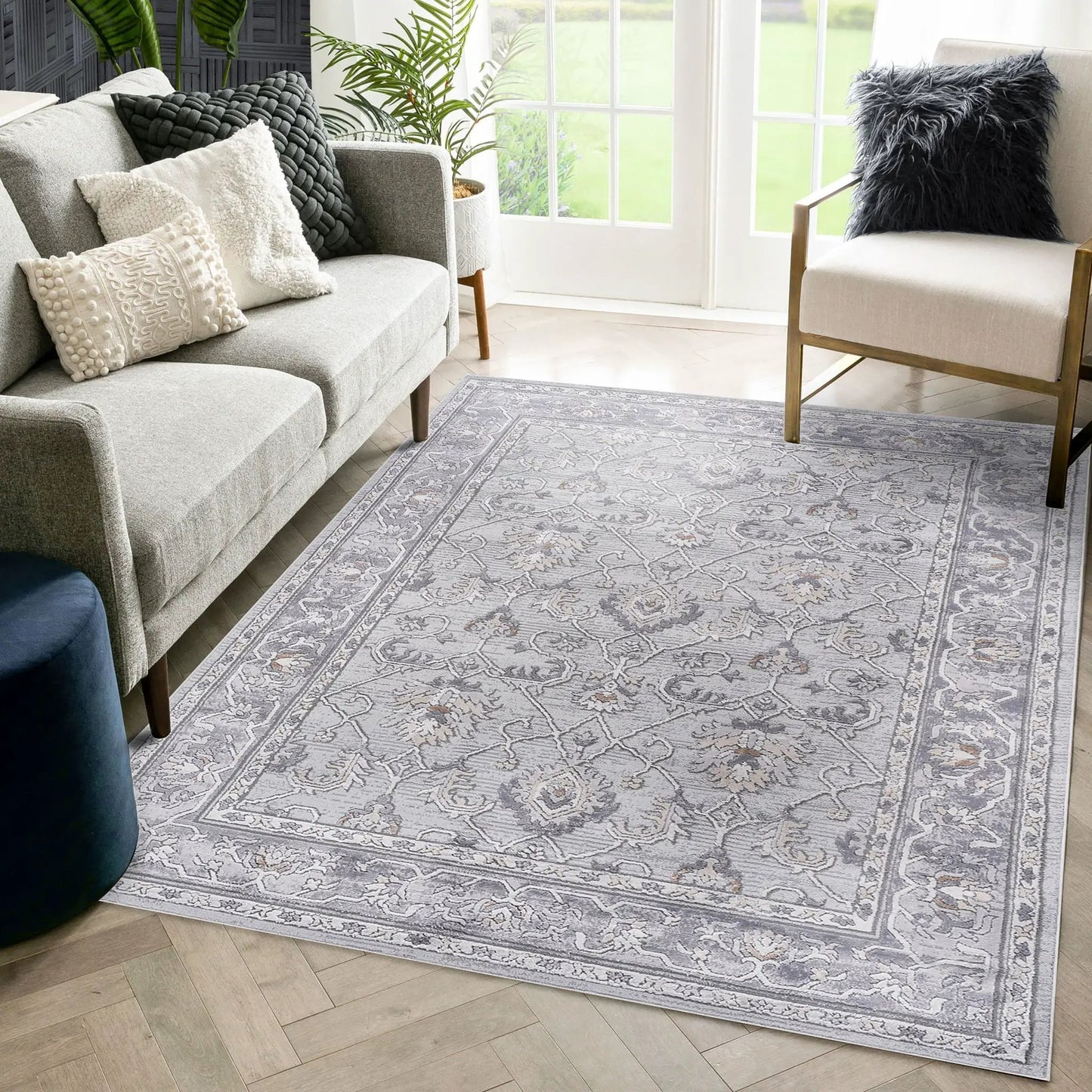 Marfi Trendy Oriental Rug runner in cool gray with floral border by Unique Piece Furniture on Tampa Home & Garden Store