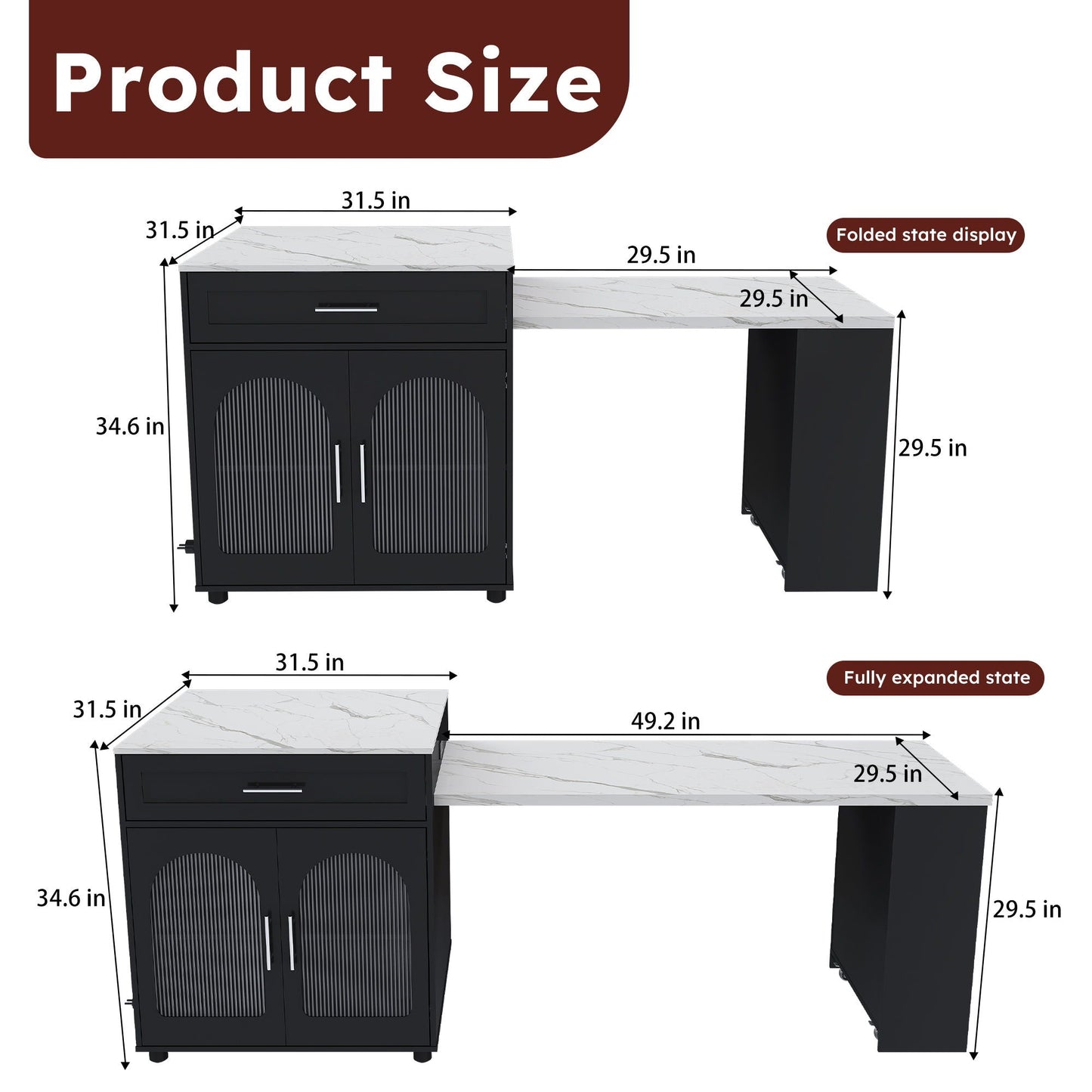 Expandable kitchen island with marble top; black base, power outlet by HouseOfZazla on Tampa Home & Garden Store