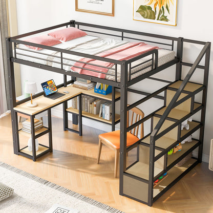 Full size black metal loft bed with staircase, built-in desk and shelves by HouseOfZazla on Tampa Home & Garden Store