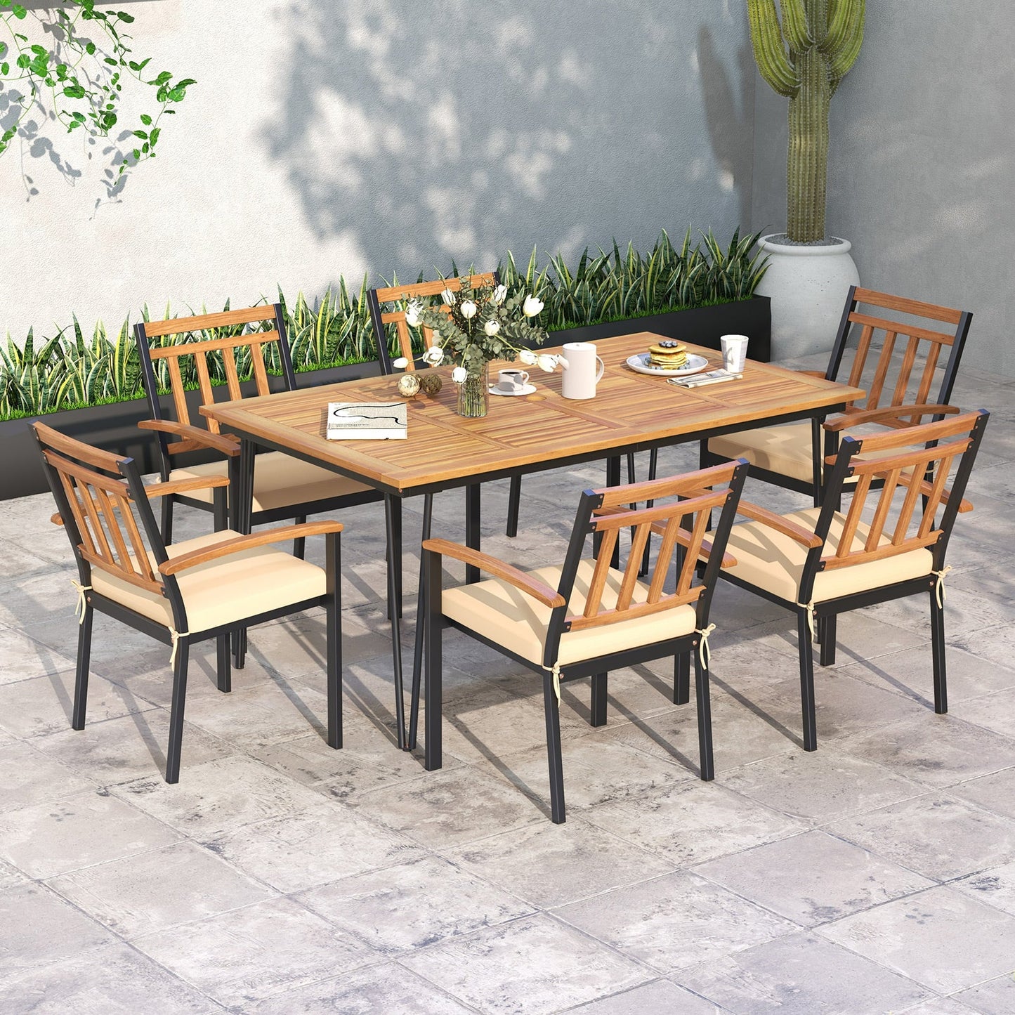 Mesa de comedor rectangular de exterior de 63 pulgadas para 6 personas con tablero de madera de acacia y orificio para sombrilla de 63 pulgadas