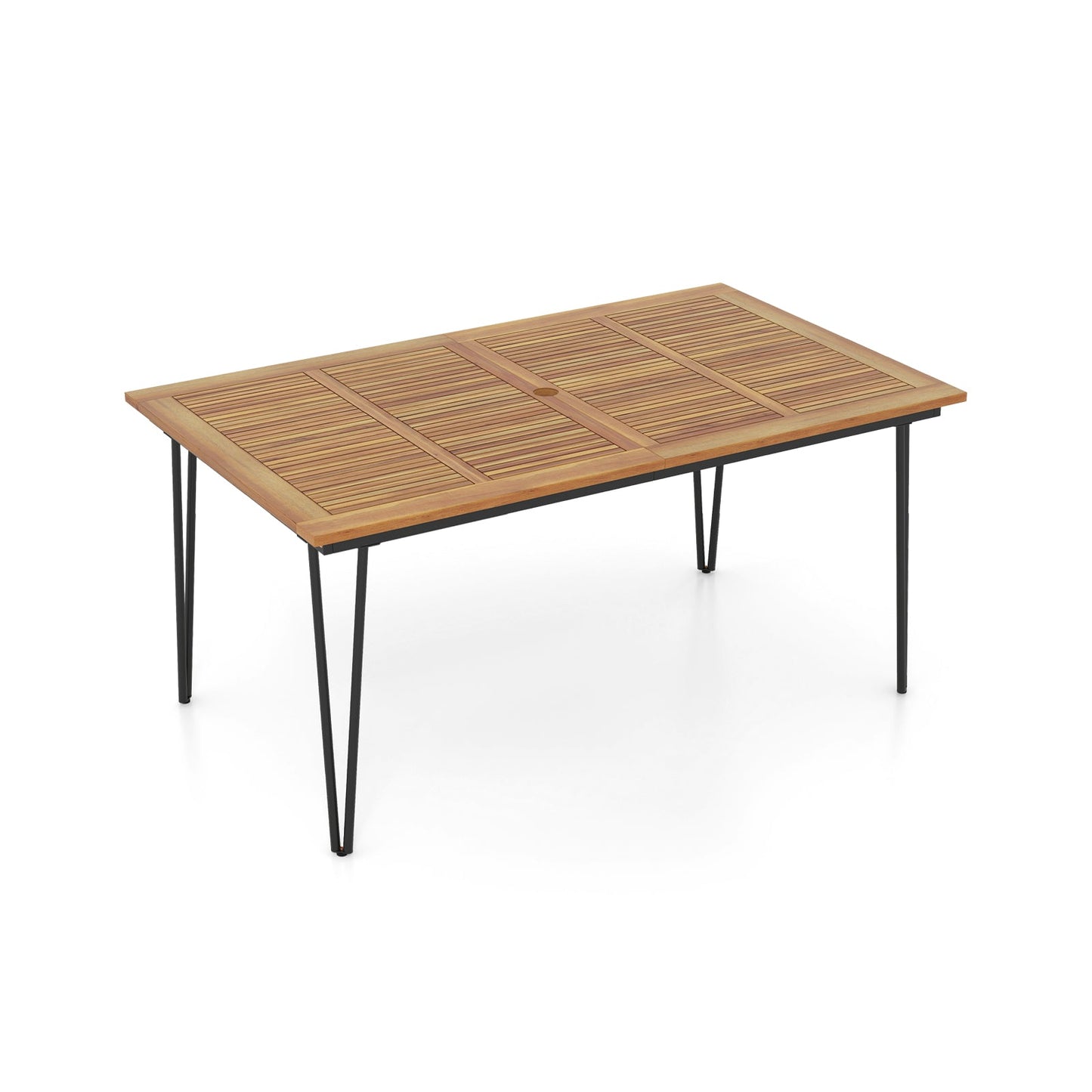 Mesa de comedor rectangular de exterior de 63 pulgadas para 6 personas con tablero de madera de acacia y orificio para sombrilla de 63 pulgadas