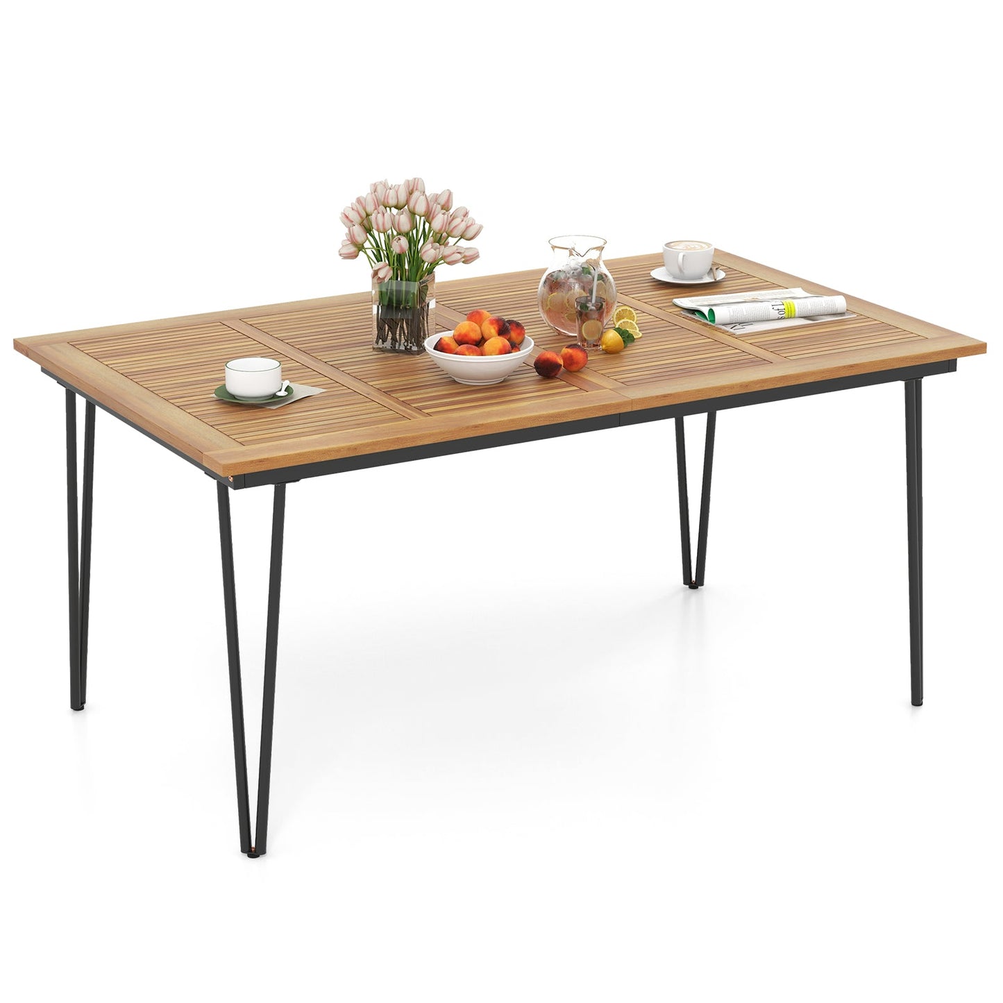 Mesa de comedor rectangular de exterior de 63 pulgadas para 6 personas con tablero de madera de acacia y orificio para sombrilla de 63 pulgadas