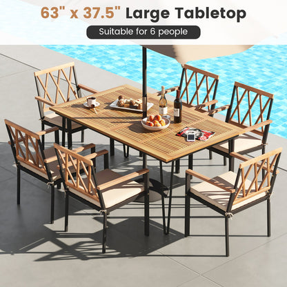 Mesa de comedor rectangular de exterior de 63 pulgadas para 6 personas con tablero de madera de acacia y orificio para sombrilla de 63 pulgadas