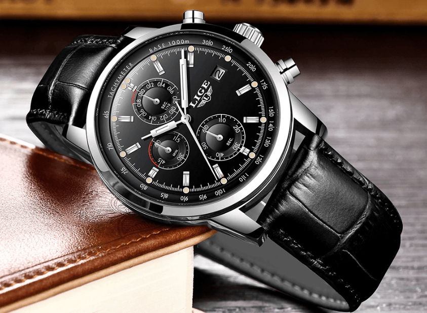 Men's Stevvex waterproof chronograph watch with black dial, date display and black leather strap on Tampa Home & Garden Store