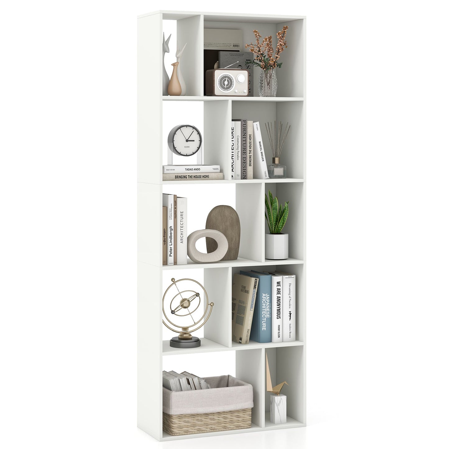 Estantería geométrica de 5 niveles y 10 cubos de 63 pulgadas, estantería alta - Blanca