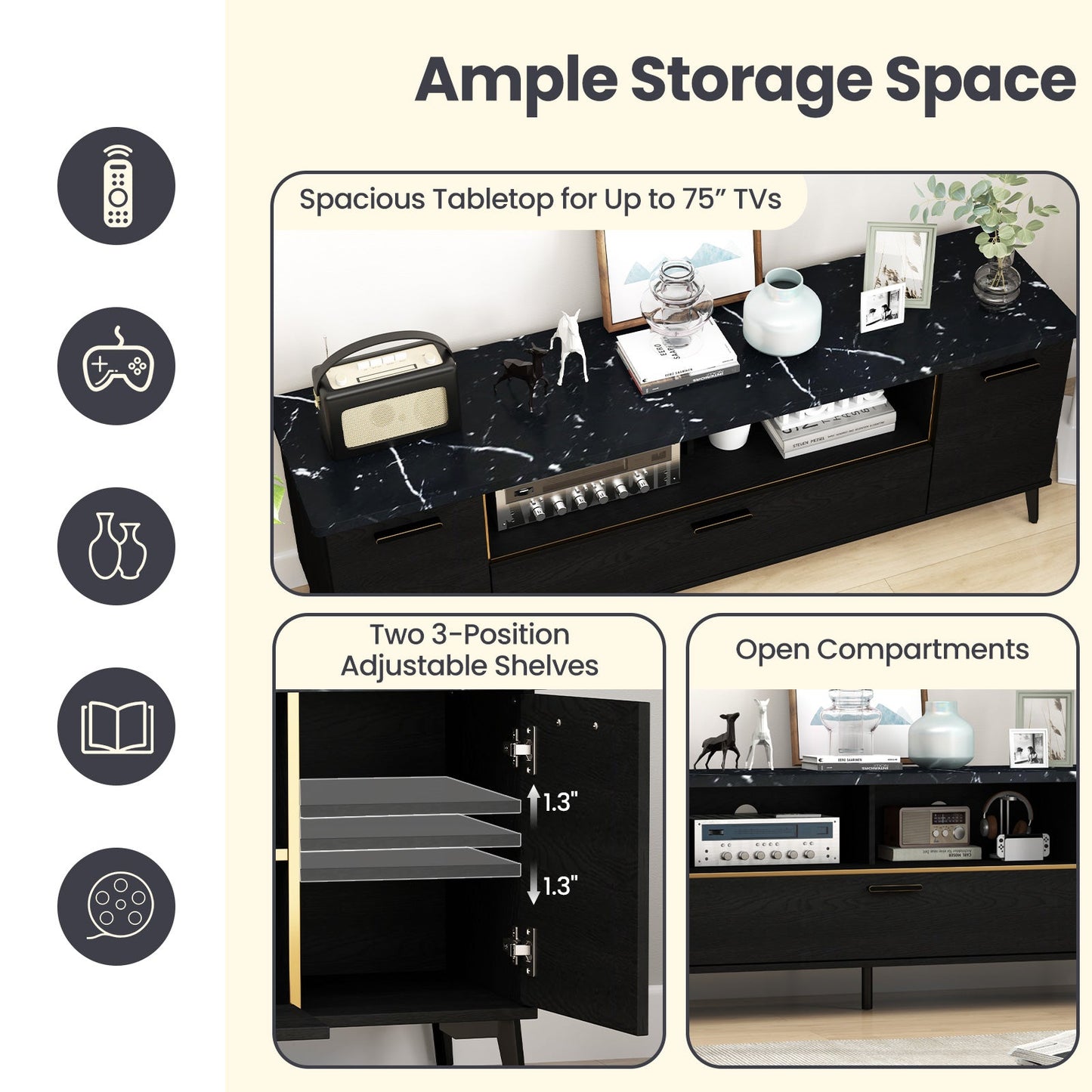 63 Inch TV Stand with Flip Door Cabinet for TVs up to 75 Inch-Black