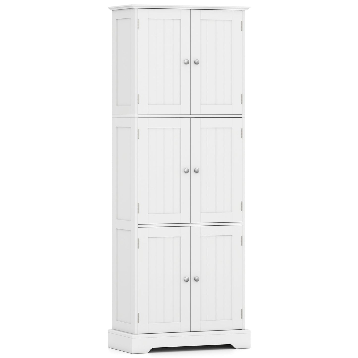 63-Inch tall bathroom storage cabinet with 6 white beadboard doors and silver knobs on Tampa Home & Garden Store