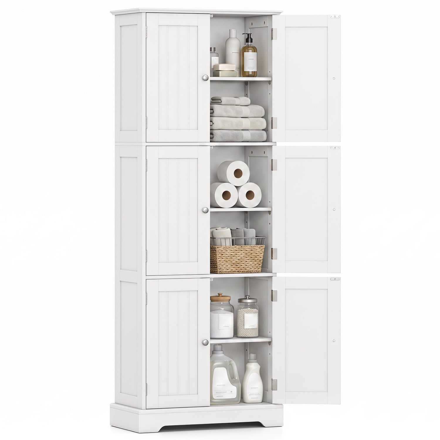 63-Inch tall bathroom storage cabinet with 6 doors, white towels and toiletries DirectDeals on Tampa Home & Garden Store