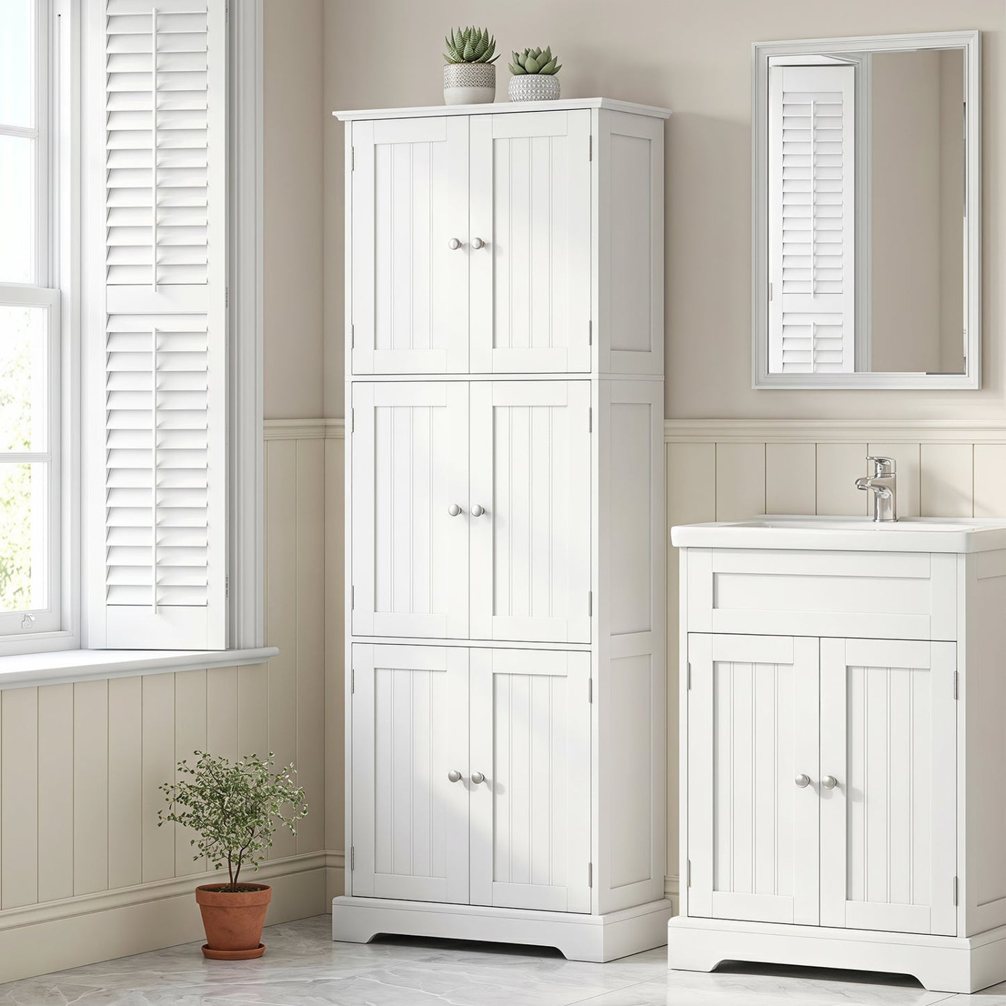 63-Inch Tall Bathroom Storage Cabinet DirectDeals white beadboard 6-door cabinet with knobs on Tampa Home & Garden Store