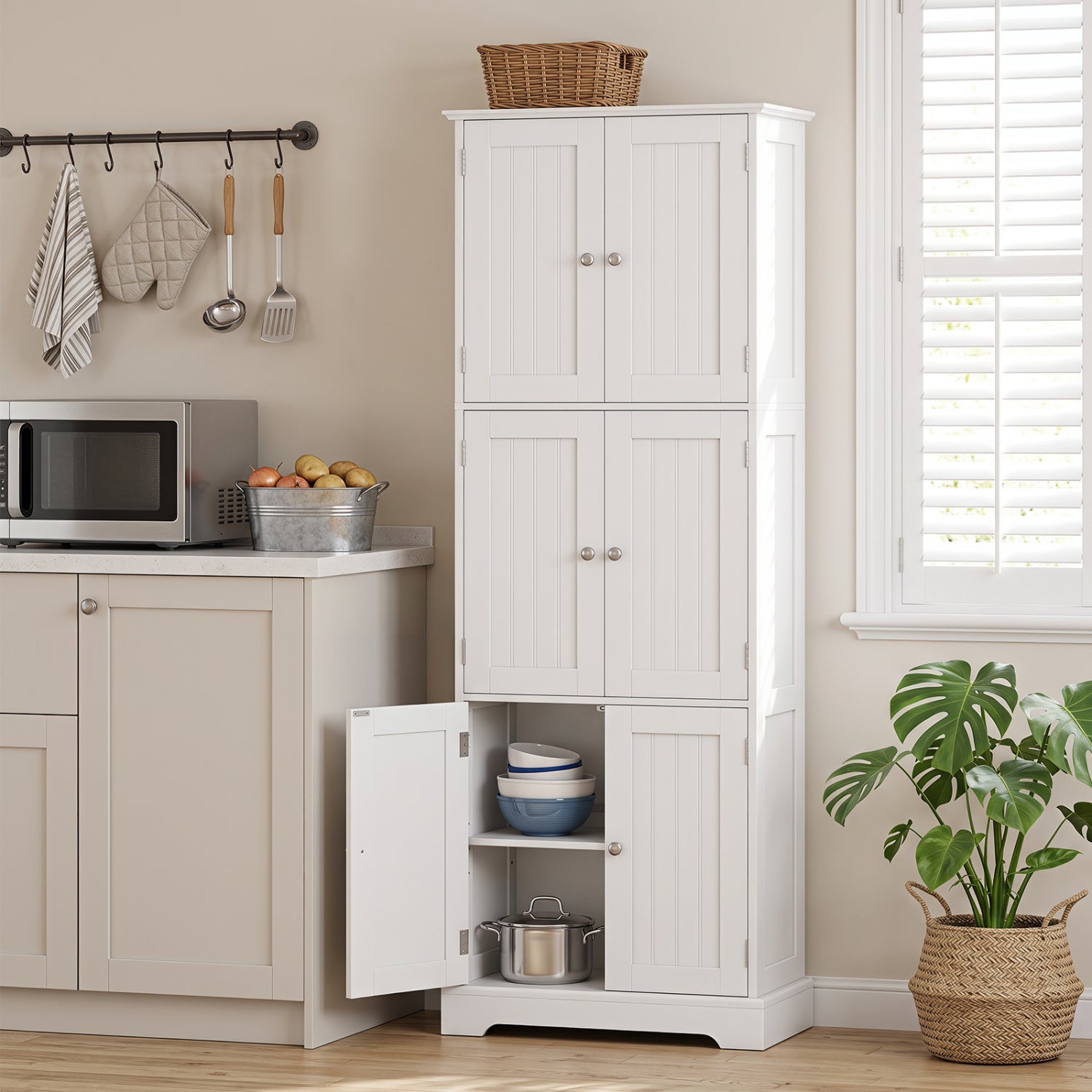 63-Inch Tall Bathroom Storage Cabinet with 6 Doors, white beadboard panels, DirectDeals on Tampa Home & Garden Store
