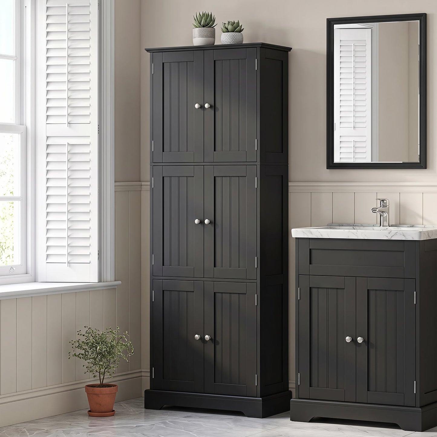 63-Inch tall DirectDeals bathroom storage cabinet with 6 doors, 2-piece charcoal beadboard set on Tampa Home & Garden Store