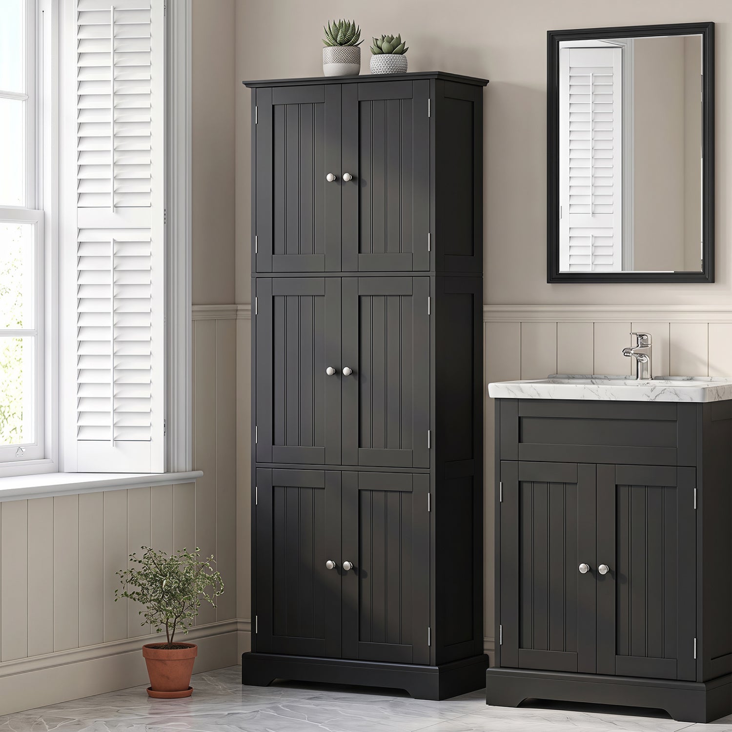 63-Inch tall DirectDeals bathroom storage cabinet with 6 doors, 2-piece charcoal beadboard set on Tampa Home & Garden Store